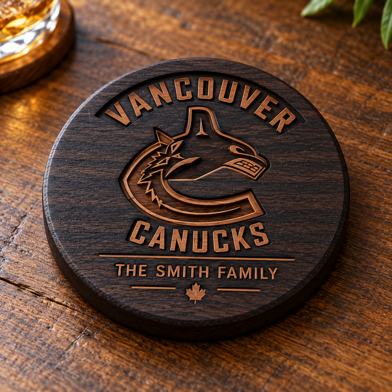 Dark round hardwood coaster with a personalized Vancouver hockey design