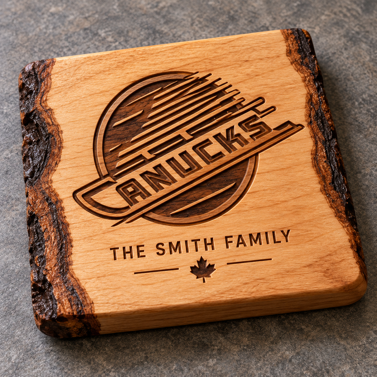 Light hardwood square coaster with natural edges and personalized engraving