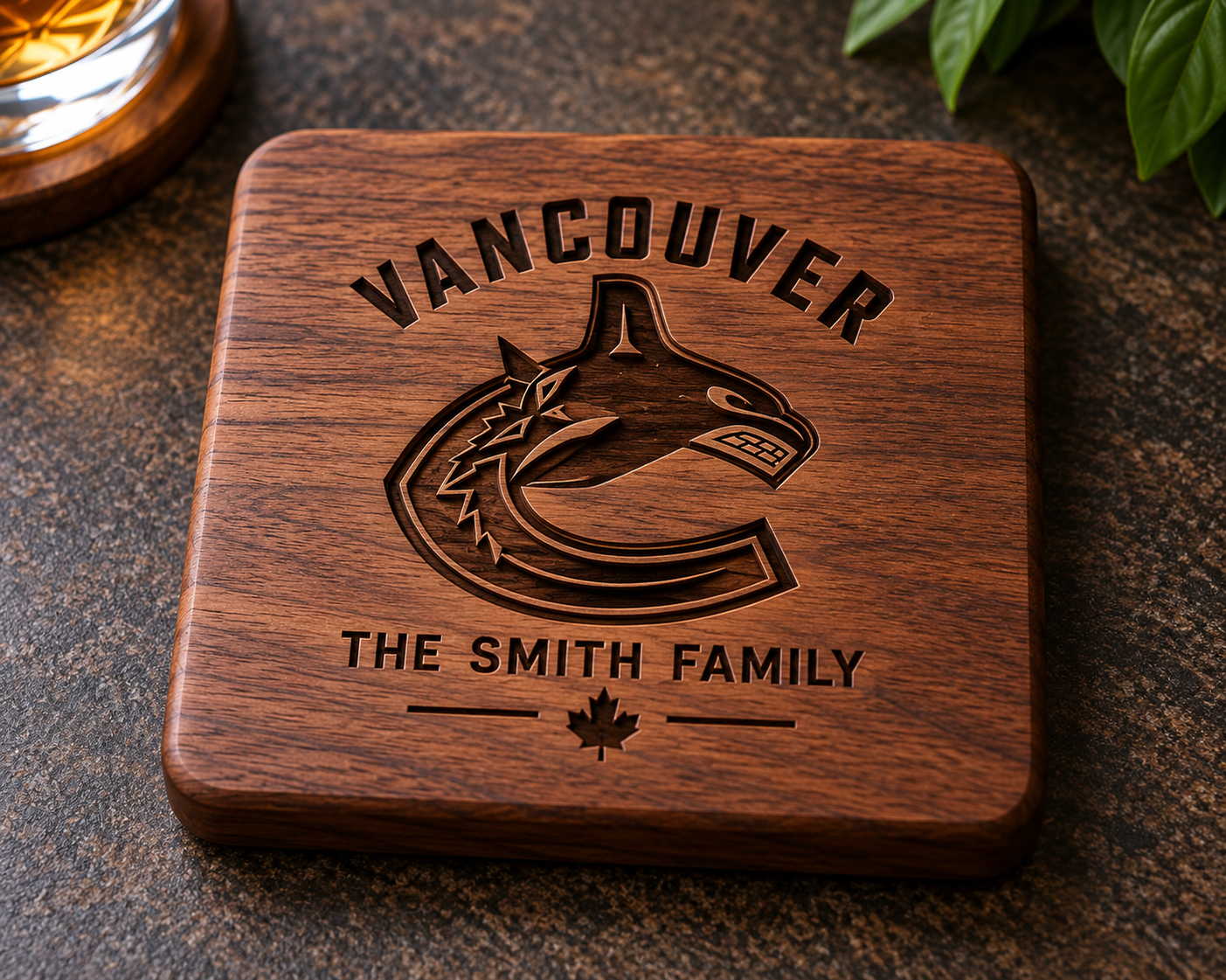 Warm wood square coaster with a Vancouver hockey engraving