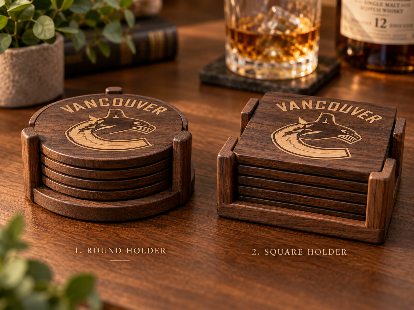 Round and square wooden coaster sets in matching hardwood holders