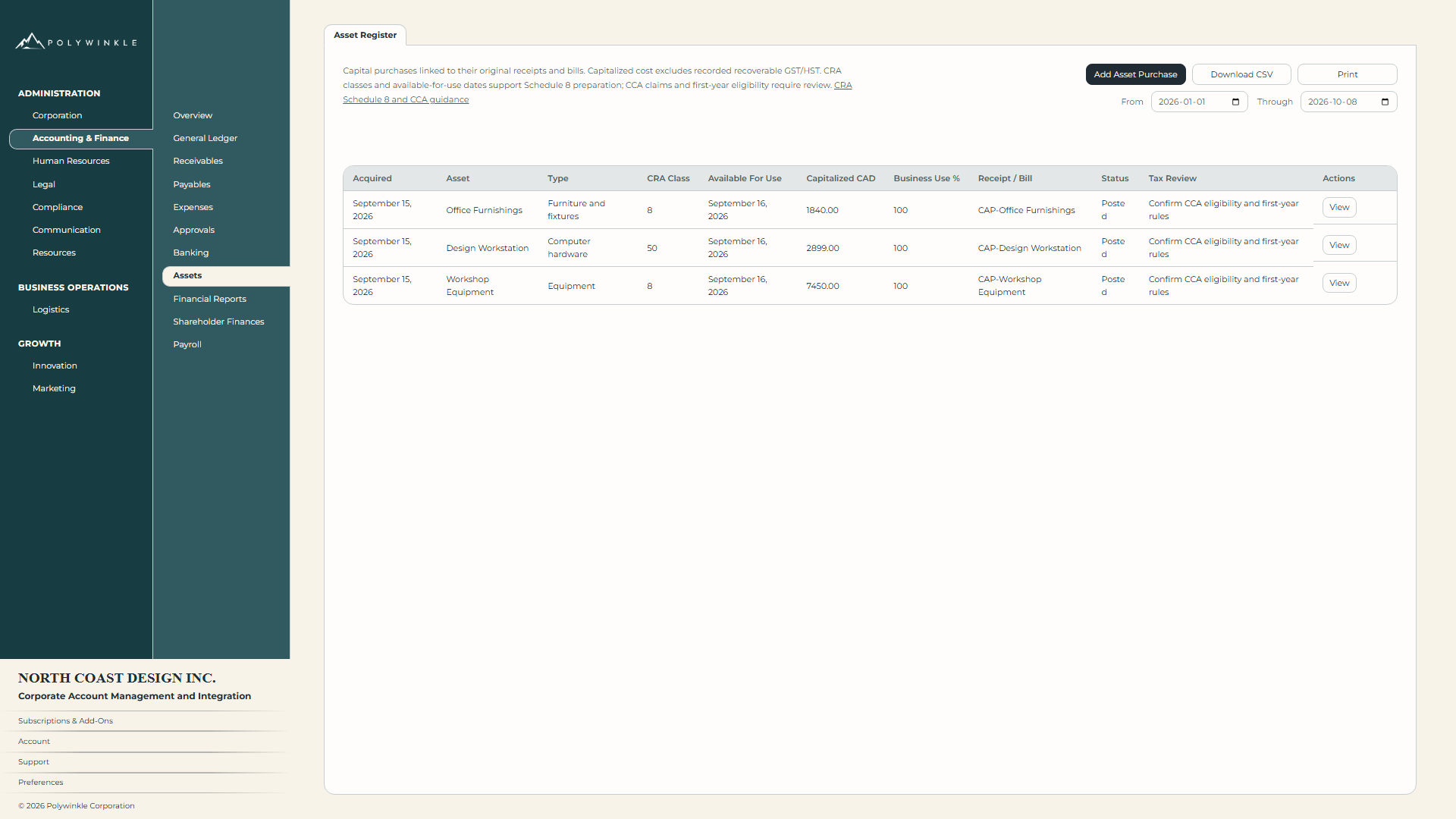 Asset register showing capital purchase costs and CRA classifications