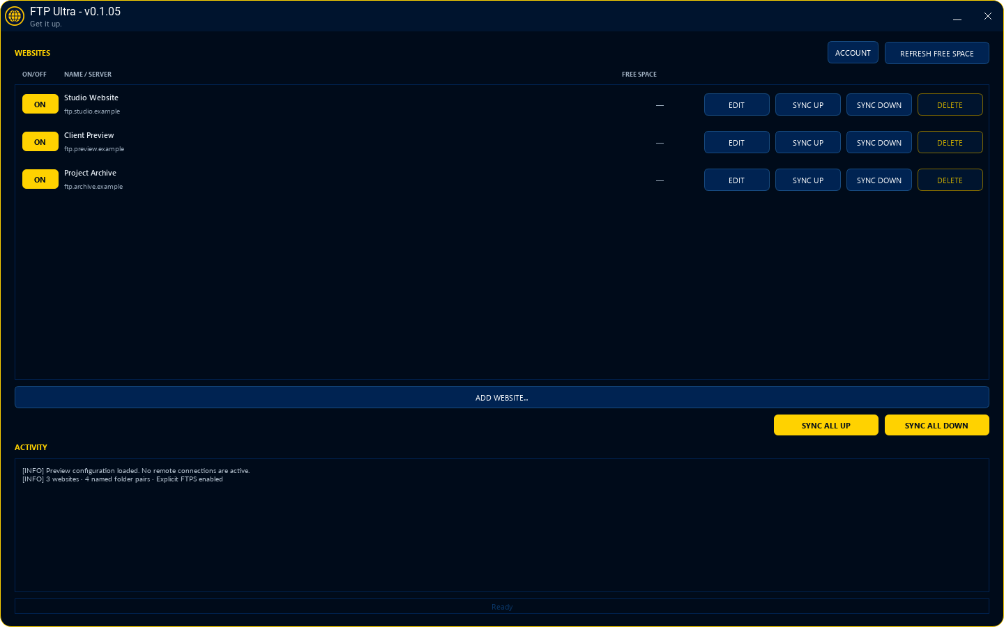 FTP Ultra application workspace with illustrative project data