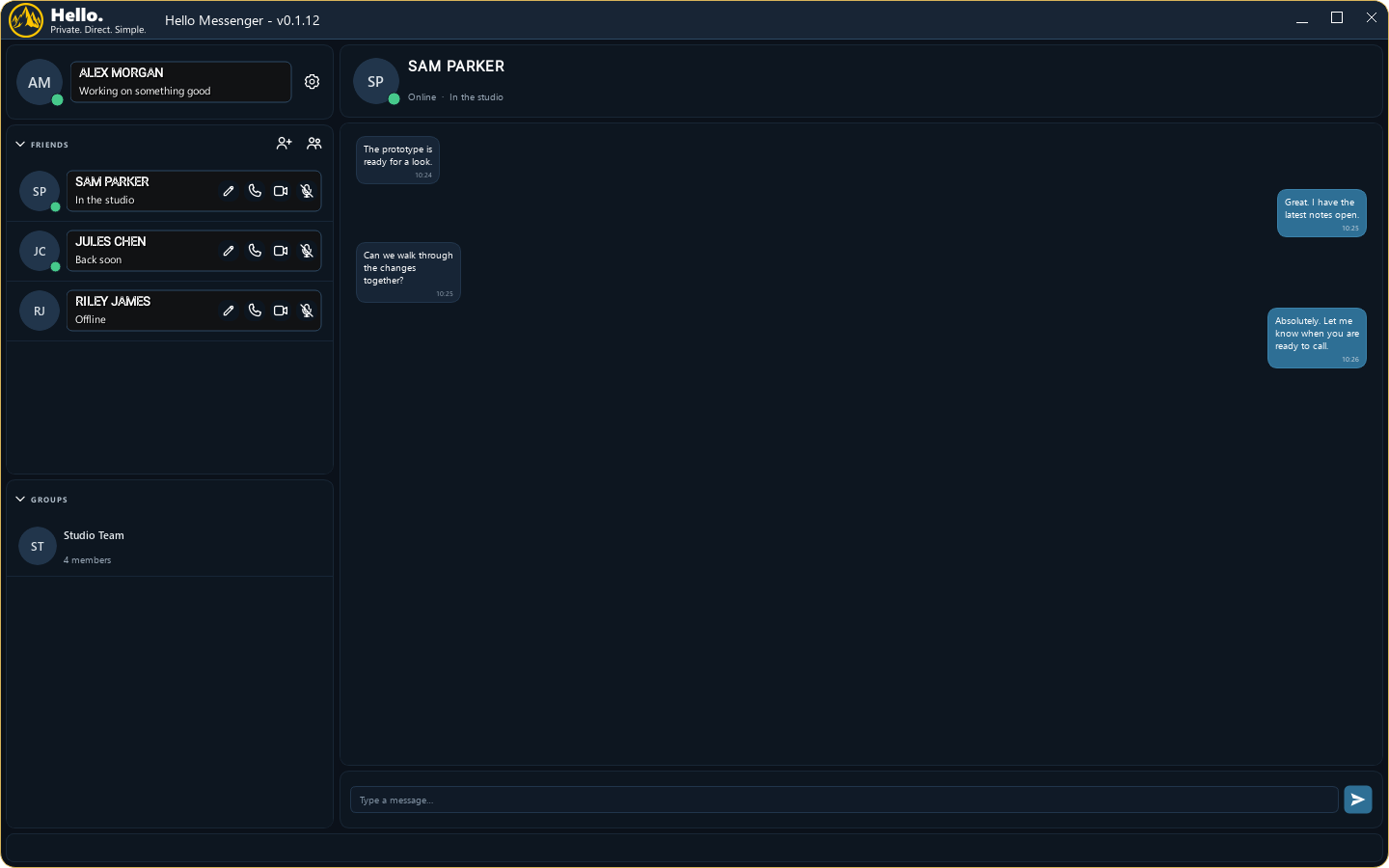 Hello Messenger application workspace with illustrative project data