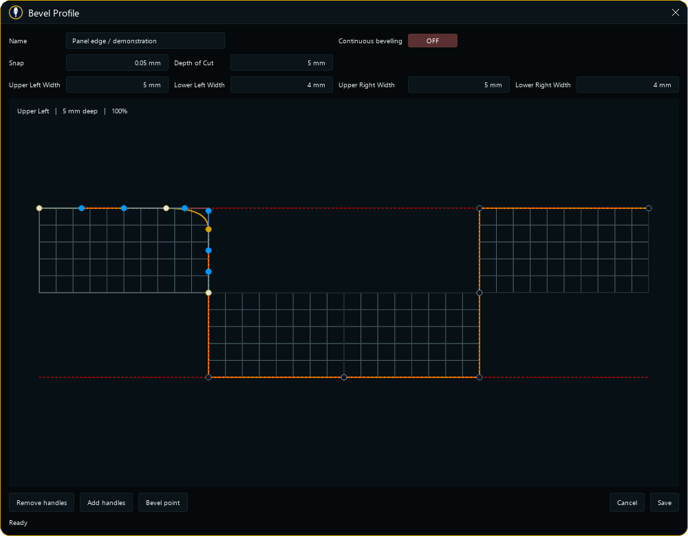 Actual Skipper D bevel editor with editable cross-section, square grid and curve handles