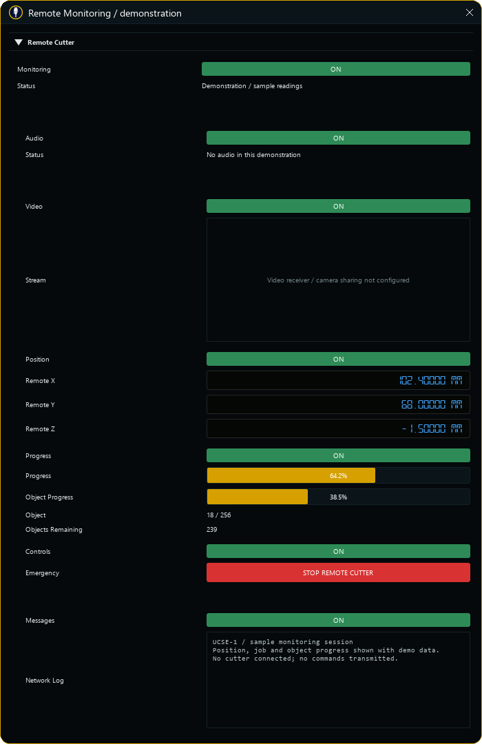 Remote monitoring controls with sample XYZ readings, job and object progress, media switches, messages and a remote stop button