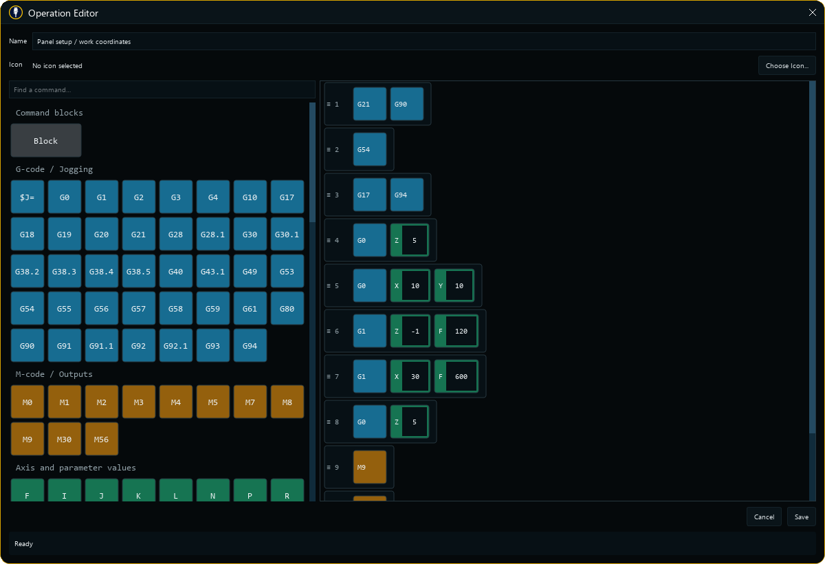 Skipper D Operations editor showing the coloured command palette beside editable G-code blocks and coordinate values