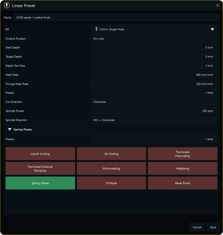 Linear Preset editor with a named UCSE panel recipe, bit, feeds, depths, direction, spring passes and advanced feature switches